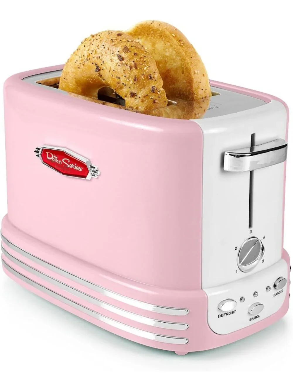 Retro Wide 2-Slice Pink Vintage Design With Crumb Stainless Steel Tray Toaster
